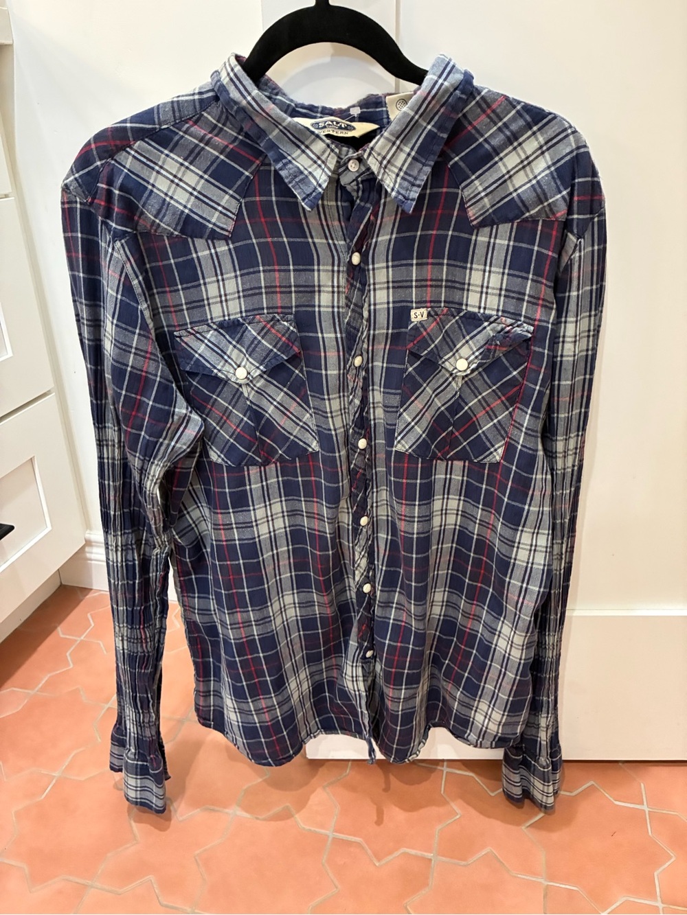 Salt Valley Western Shirt XLarge Blue Plaid Snap Front Long Sleeve, 100% Cotton